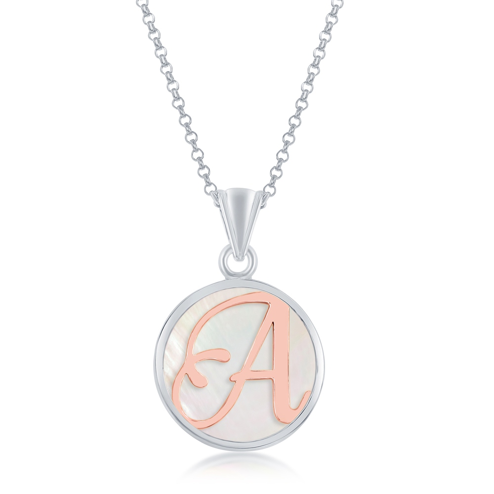 Sterling Silver Mother of Pearl Rosegold Plated Initial Necklace - Click Image to Close